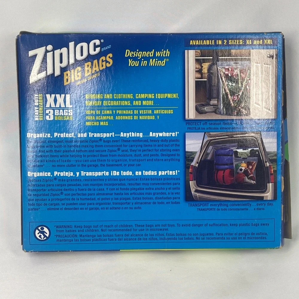 Ziploc Big Bags XXL 20 Gallon Heavy Duty Storage Bags 2 Ft x 2.7 Ft 3 Count
